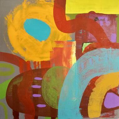 凯文的一幅抽象画，其中包括明亮的丙烯酸颜料的大笔触.